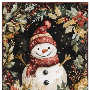 15" Red White And Green Wood Leaf Christmas Snowman Tabletop Sign