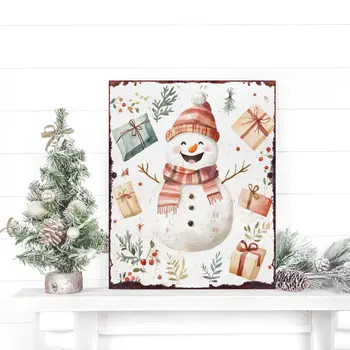 15" Red White And Green Wood Leaf Christmas Snowman Tabletop Sign