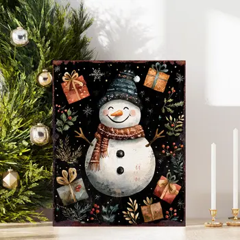 15" Red White And Green Wood Leaf Christmas Snowman Tabletop Sign