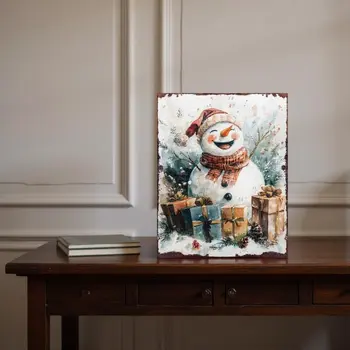 15" Red White And Green Wood Christmas Snowman Tabletop Sign