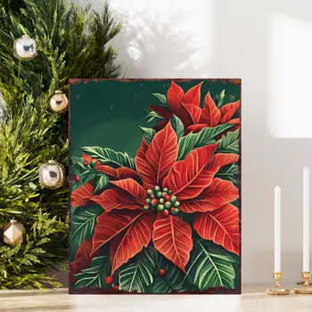 15" Red White And Green Wood Flowers Christmas Tabletop Sign