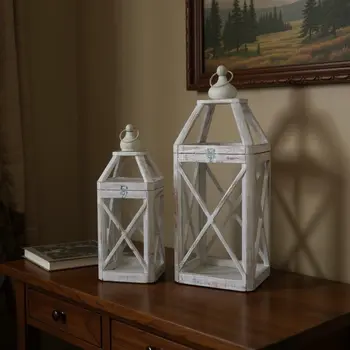 Set of Two Distressed Wood And Glass Tabletop Lantern Candle Holders