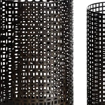 Set of Five Dark Brown Pierced Geometric Metal Tabletop Hurricane Candle Holders