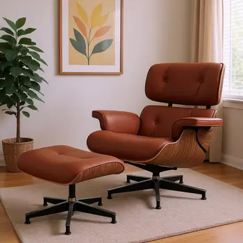 27" Brown and Light Brown Tufted Genuine Leather Swivel Lounge Chair With Ottoman