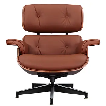 27" Brown and Light Brown Tufted Genuine Leather Swivel Lounge Chair With Ottoman