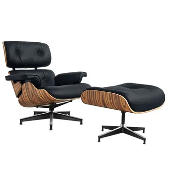 27" Black and Brown Tufted Genuine Cowhide Swivel Lounge Chair With Ottoman