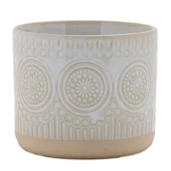 Set of Two Beige And White Porcelain 1 Ounce Geometric Round Pot Planters