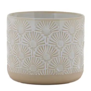 Set of Two Beige And White Porcelain 1 Ounce Geometric Round Pot Planters