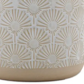 Set of Two Beige And White Porcelain 1 Ounce Geometric Round Pot Planters
