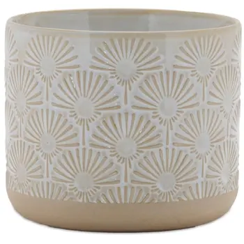 Set of Two Beige And White Porcelain 1 Ounce Geometric Round Pot Planters