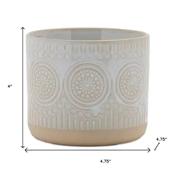 Set of Two Beige And White Porcelain 1 Ounce Geometric Round Pot Planters