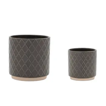 Set of Two Beige And Gray Ceramic 1 Ounce Lattice Round Pot Planters