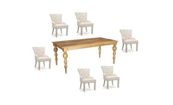 Seven Piece Brown Solid Wood Dining Set with Six Chairs