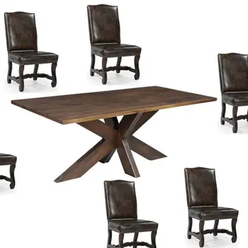 Seven Piece Brown Solid Wood Dining Set with Six Chairs