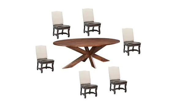 Seven Piece Brown Solid Wood Dining Set with Six Chairs
