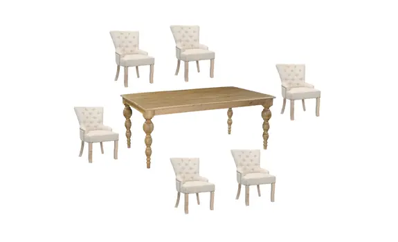Seven Piece Brown Solid Wood Dining Set with Six Chairs