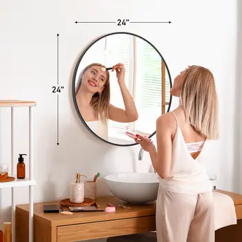 24" Black Metal Round Framed Bathroom Vanity Mirror