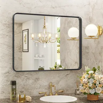 39" Black Metal Framed Bathroom Vanity Mirror