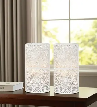 Set of Two 8" White Metal Pattern Bedside Lamp With Black Cylinder Shade