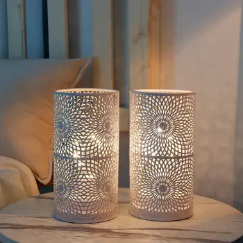 Set of Two 8" White Metal Pattern Bedside Lamp With Black Cylinder Shade