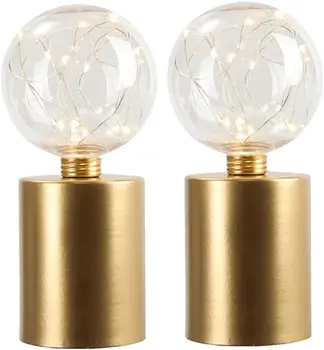 Set of Two 8" Gold Metal Round Bedside Lamp With Black Globe Shade