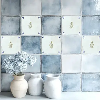 4" x 4" Blue Vinyl Arabesque Peel And Stick Removable Tiles
