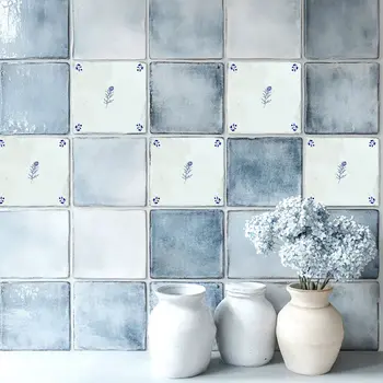 4" x 4" Blue Vinyl Arabesque Peel And Stick Removable Tiles