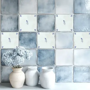 7" x 7" Blue Vinyl Arabesque Peel And Stick Removable Tiles