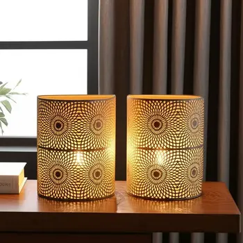 Set of Two 8" White Metal Round Bedside Lamp With Black Cylinder Shade