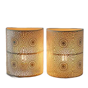 Set of Two 8" White Metal Round Bedside Lamp With Black Cylinder Shade