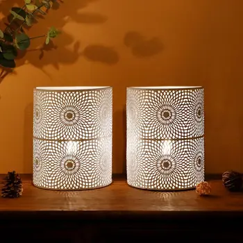 Set of Two 8" White Metal Round Bedside Lamp With Black Cylinder Shade