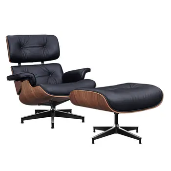 28" Black and Light Brown Tufted Genuine Leather Lounge Chair With Ottoman
