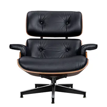 28" Black and Light Brown Tufted Genuine Leather Lounge Chair With Ottoman