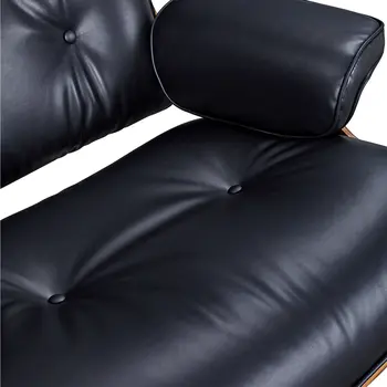 28" Black and Rosewood Tufted Genuine Leather Lounge Chair With Ottoman