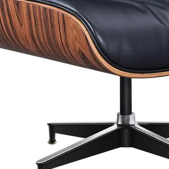 28" Black and Rosewood Tufted Genuine Leather Lounge Chair With Ottoman