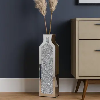 Set of Two Silver Mirrored Glass Floor Vases With Faux Crystals