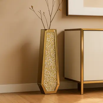 30" Gold Mirrored Glass Floor Vase With Faux Crystals