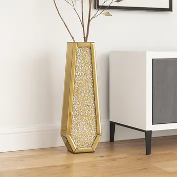 30" Gold Mirrored Glass Floor Vase With Faux Crystals