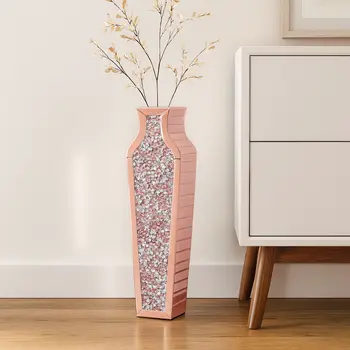 27" Pink Mirrored Glass Floor Vase With Faux Crystals