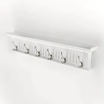 39" White Solid Wood Six Hook Wall Mount Coat Rack
