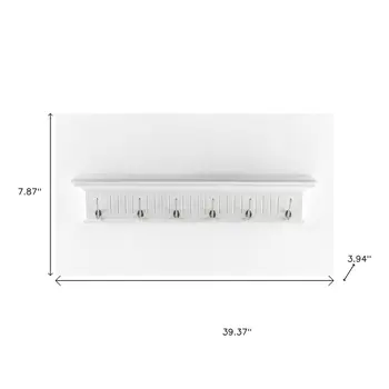 39" White Solid Wood Six Hook Wall Mount Coat Rack