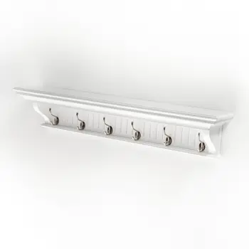 39" White Solid Wood Six Hook Wall Mount Coat Rack