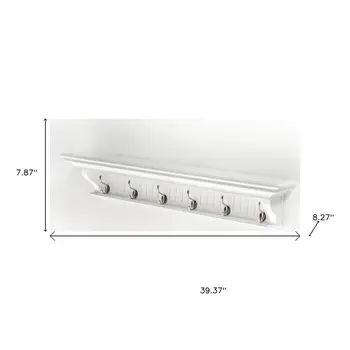 39" White Solid Wood Six Hook Wall Mount Coat Rack