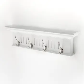 28" White Solid Wood Four Hook Wall Mount Coat Rack