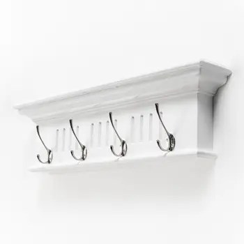 28" White Solid Wood Four Hook Wall Mount Coat Rack