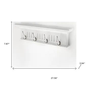 28" White Solid Wood Four Hook Wall Mount Coat Rack