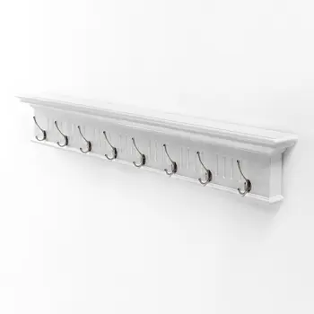 51" White Solid Wood Eight Hook Wall Mount Coat Rack
