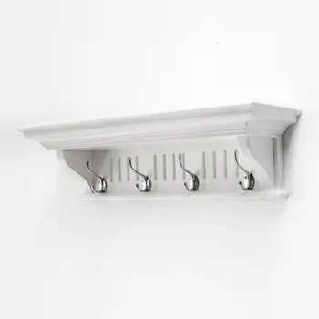 28" White Solid Wood Four Hook Wall Mount Coat Rack