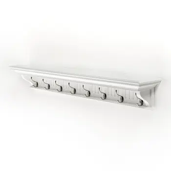 51" White Solid Wood Eight Hook Wall Mount Coat Rack