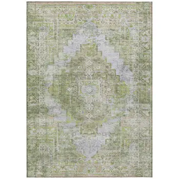 3' X 5' Artichoke Green And Silver Medallion Washable Indoor Outdoor Area Rug